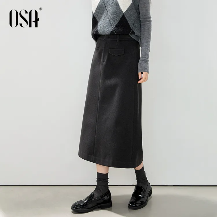 OSA/欧莎 灰色毛呢半身裙女高腰显瘦开叉a字包臀直筒裙S125D51004