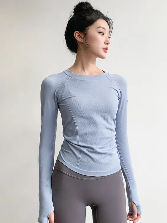 新款秋冬瑜伽服上衣女圆领紧身运动长袖跑步速干普拉提训练健身服