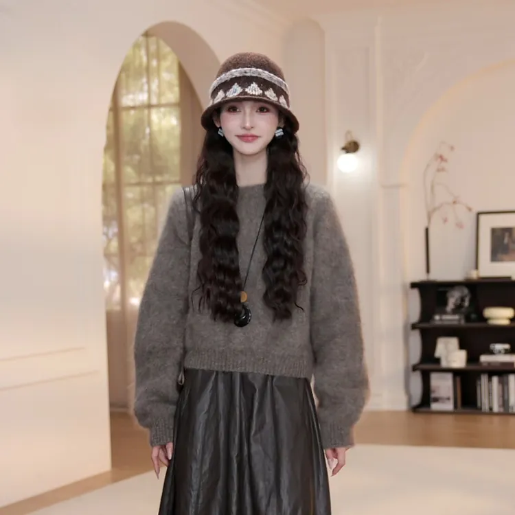 【YY·studio】咖色圆领毛衣女秋季宽松显瘦长袖慵懒风针织衫8947