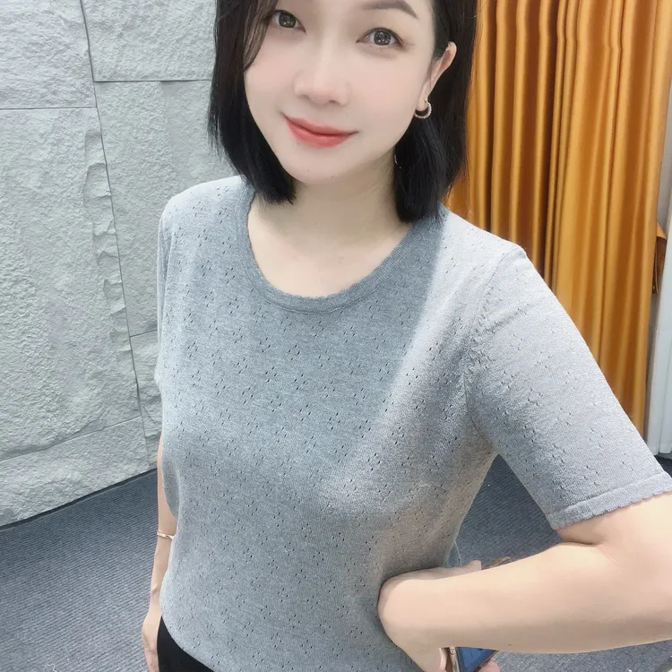 5286夏季新款【大米家专属】纯色小衫圆领镂空小孔设计低调百搭夏款