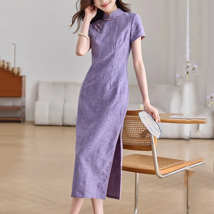 开叉旗袍夏季2025新款中式国风女装长裙子气质修身显瘦雪纺连衣裙