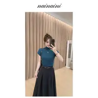奈奈妮半高领短袖T恤~2025小个子秋季新款修身显瘦纯色百搭6166