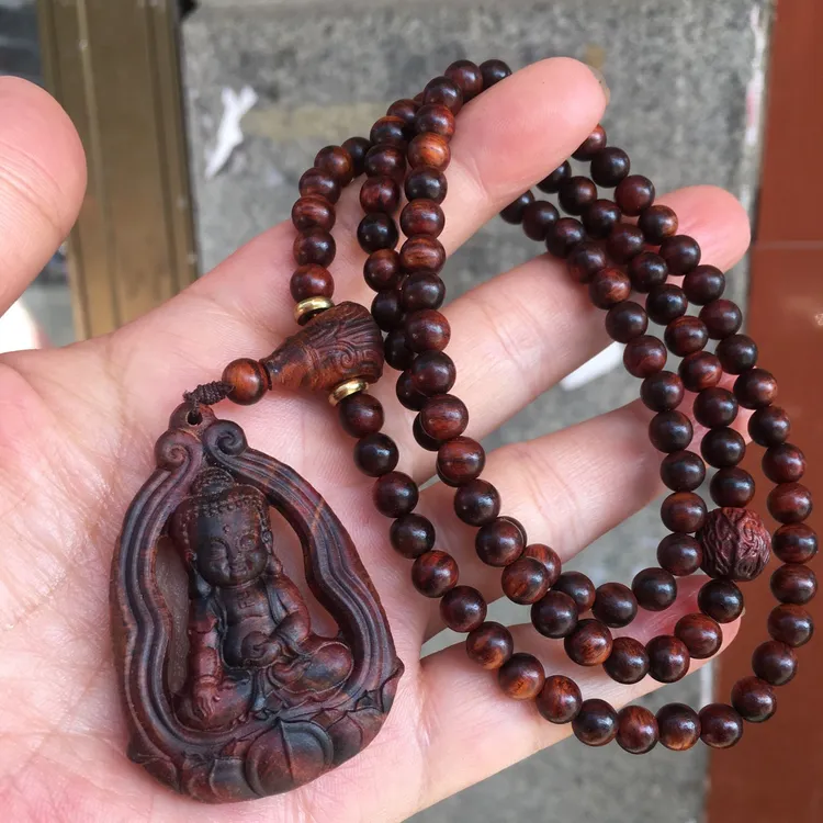 海南黄花梨木雕大日如来佛项链吊坠宝宝佛*0.6/108颗念珠项链套装