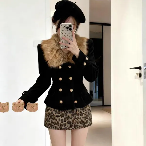 “涩谷辣妹”法式复古气质显瘦修身毛领外套豹纹短裙套装