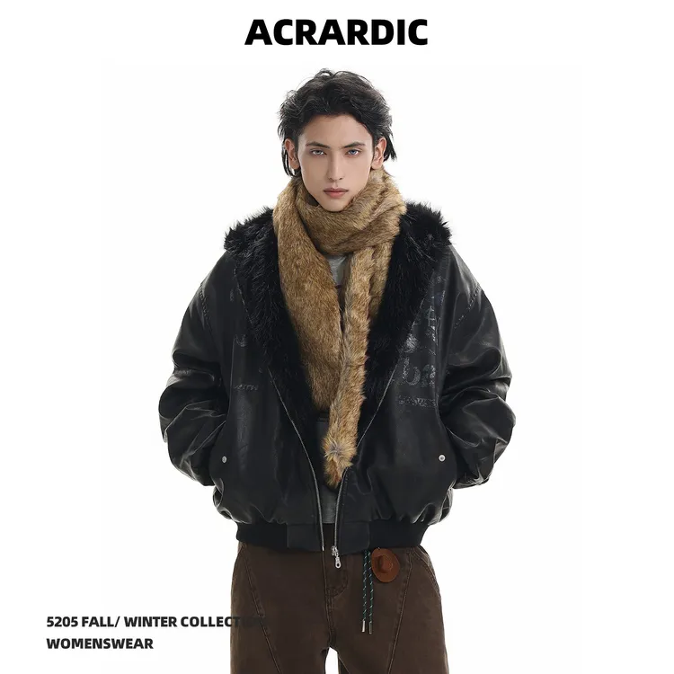 ACRARDIC冬季字母褶皱短款PU皮连帽棉衣男痞帅加厚座山雕皮衣棉服