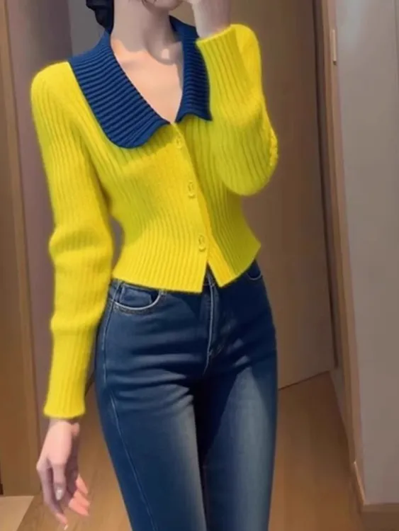 黄色撞色针织衫2025冬季时尚洋气高端小众不撞款独特漂亮收腰上衣