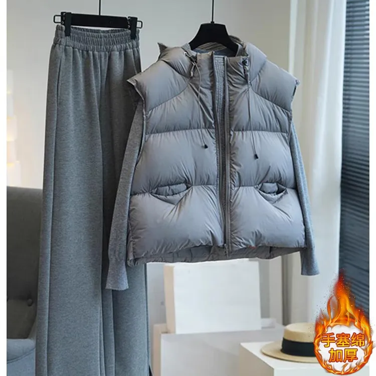 宽松无袖短款棉服马甲女2024秋冬季新款韩版连帽背心加厚保暖外套