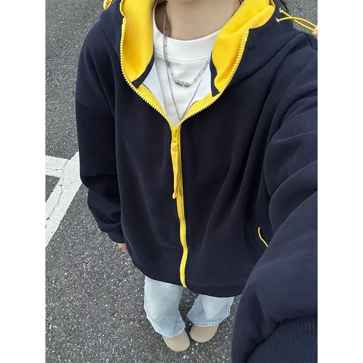 美式cleanfit连帽卫衣男款秋季小众设计感拼接外套潮牌情侣上衣潮