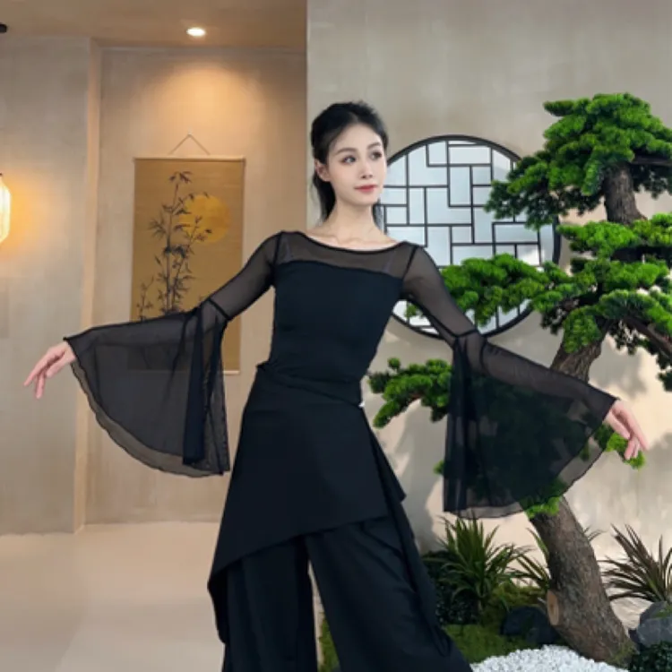 2025新款现代舞喇叭袖上衣飘逸修身日常古典舞中国舞舞蹈上衣