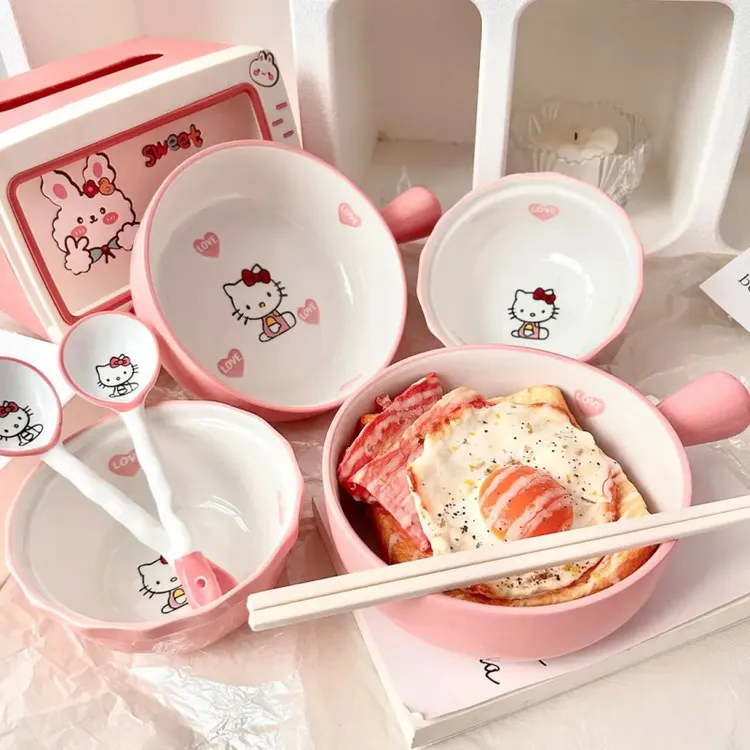 HelloKitty凯蒂猫手把碗釉下彩陶瓷餐具套餐KT猫手柄饭碗宿舍学生