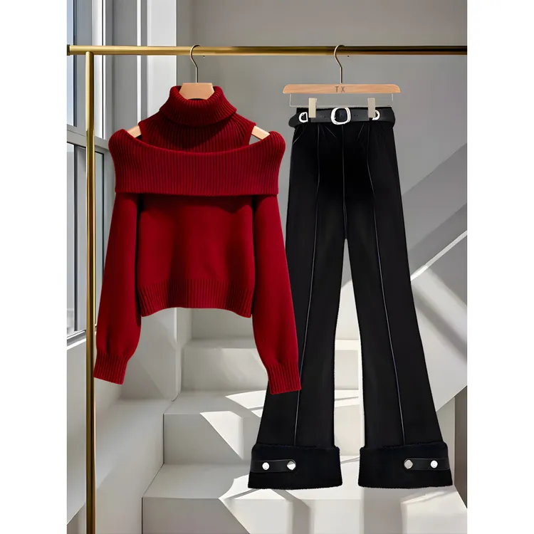 今年流行爆款穿搭韩系堆堆领红色针织衫上衣通勤直筒裤两件套装女