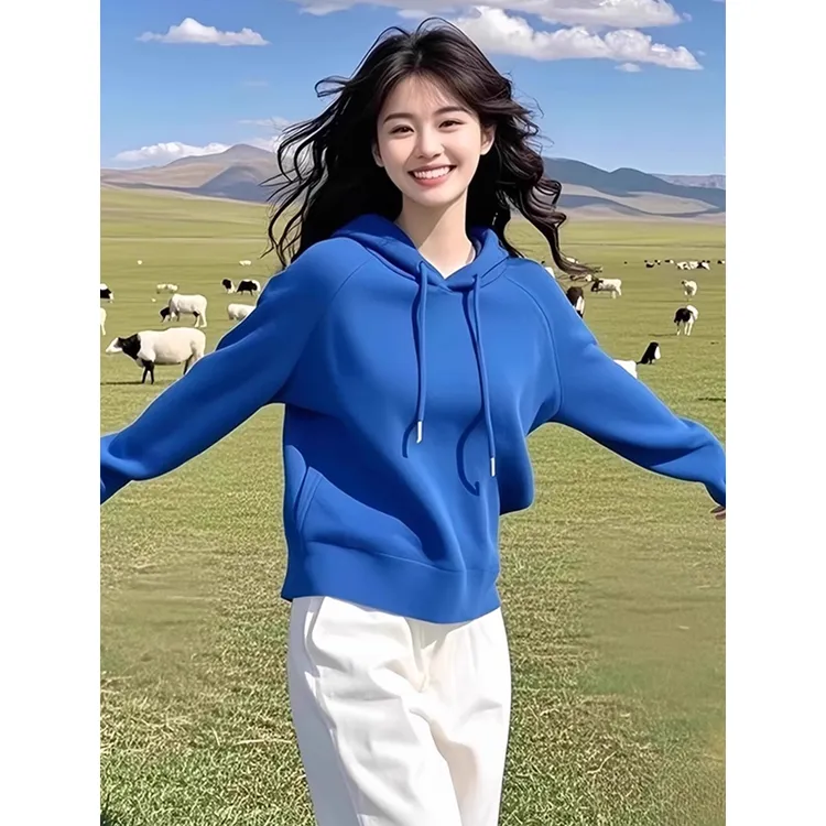 克莱因蓝慵懒套头连帽卫衣女春秋2025新款高级感时尚气质短款上衣