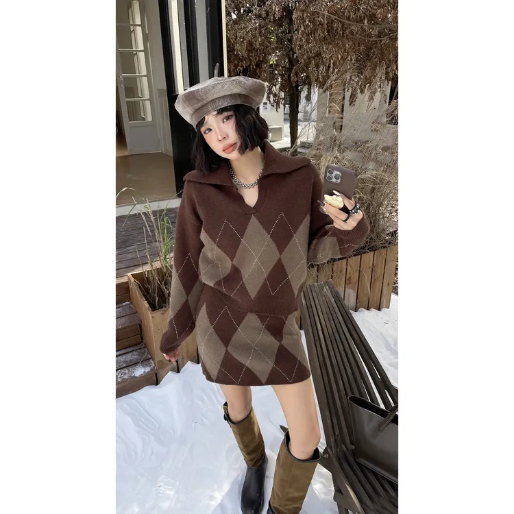 棋盘格公主风时尚套装秋冬连帽格纹开衫宽松轻职风慵懒风