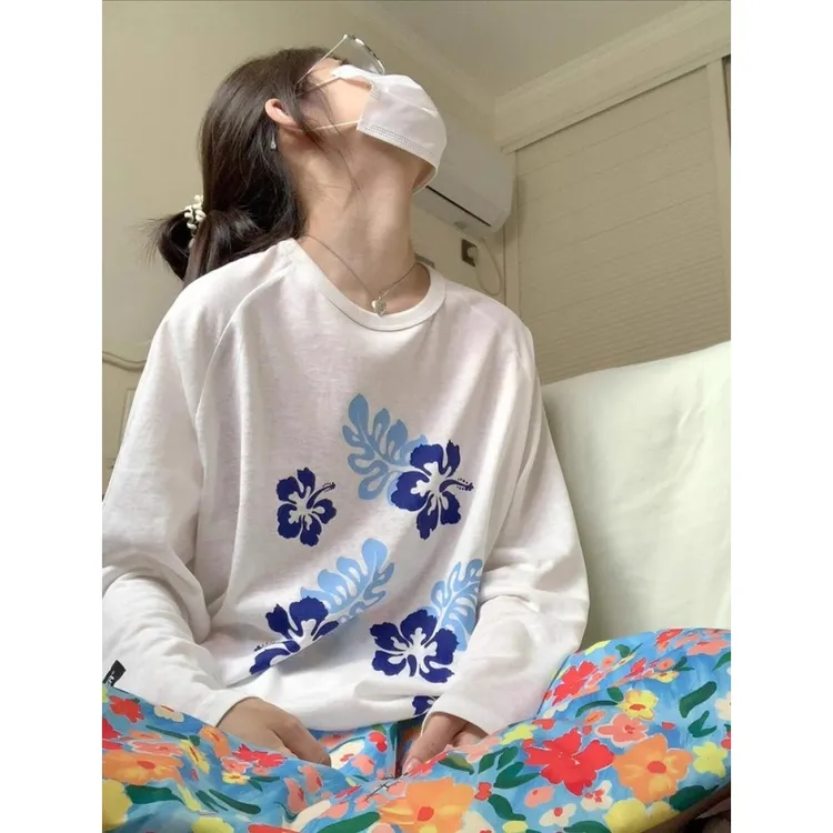 白色印花圆领长袖t恤女早秋薄款防晒罩衫韩系慵懒松弛感上衣宽松