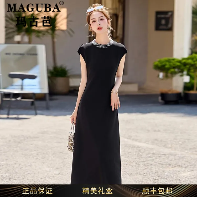 玛古芭女装圆领重工黑色连衣裙女时尚夏季新款优雅轻熟风气质长裙