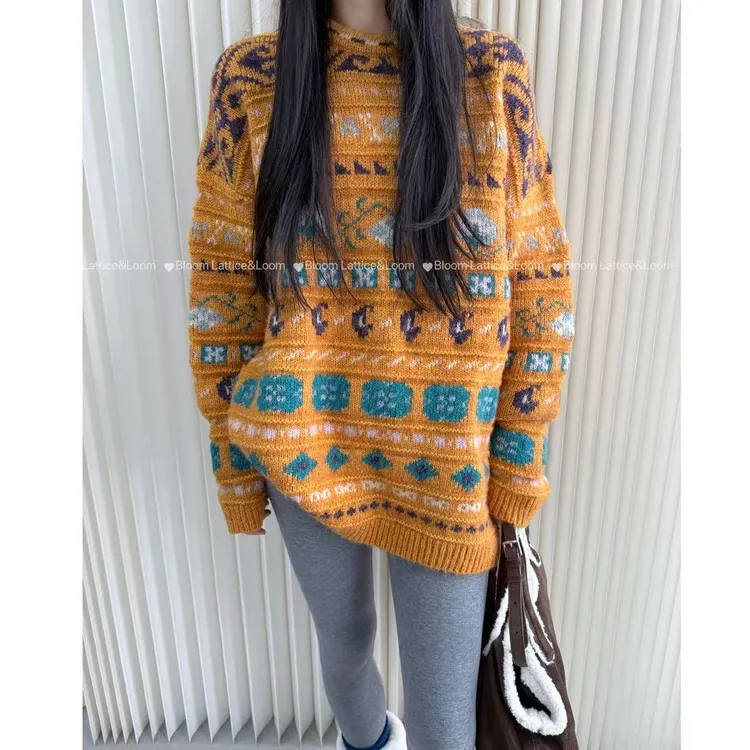 PCNY不理理“织日”复古民族风花纹保暖时尚圆领针织衫上衣