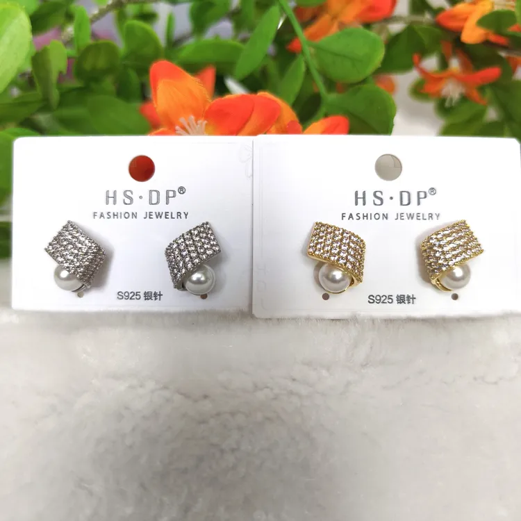 纯铜锆石耳饰 铜镀真金超闪锆石珍珠耳钉时尚个性通勤商务百搭