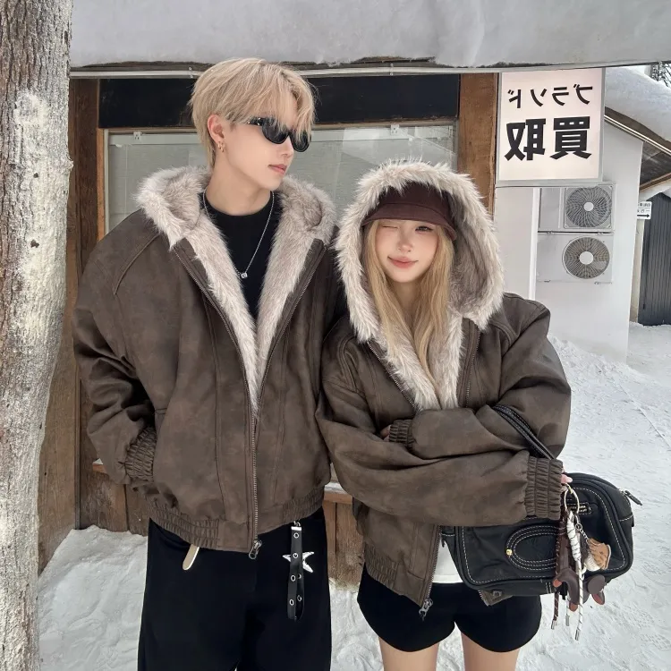 美式复古座山雕毛领外套加棉加厚pu皮夹克情侣款潮牌冬装连帽棉服
