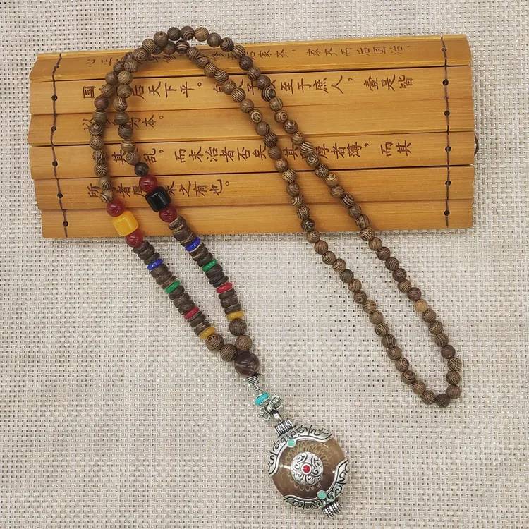 合金木质吊坠 复古木珠项链长款毛衣链菩提子吊坠棉麻配饰男女木