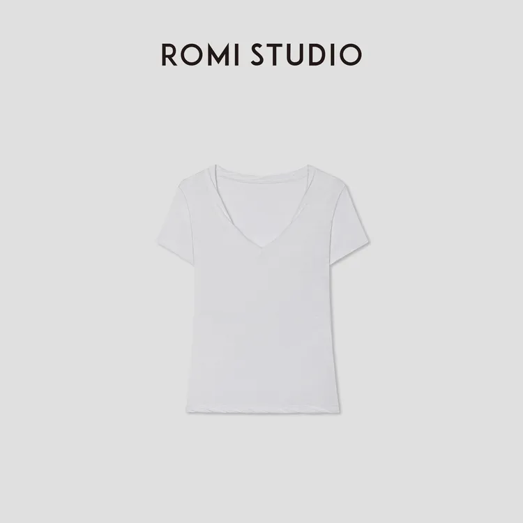 ROMI STUDIO“Clean fit”竹节棉自然褶皱磨毛V领短袖T恤RWCRSM2790
