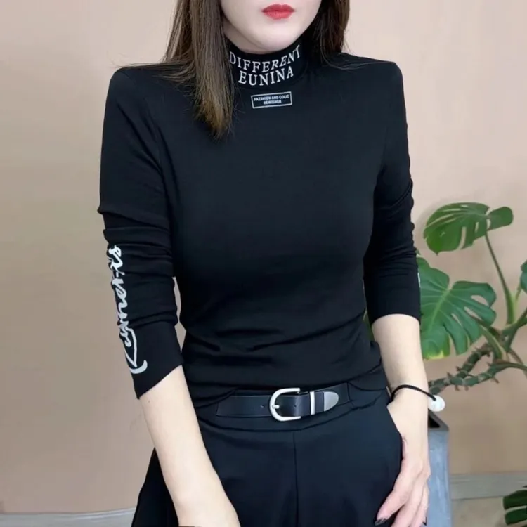 【313#M-4XL/4色】长袖T恤女半高领秋季新款2025显瘦百搭打底衫上