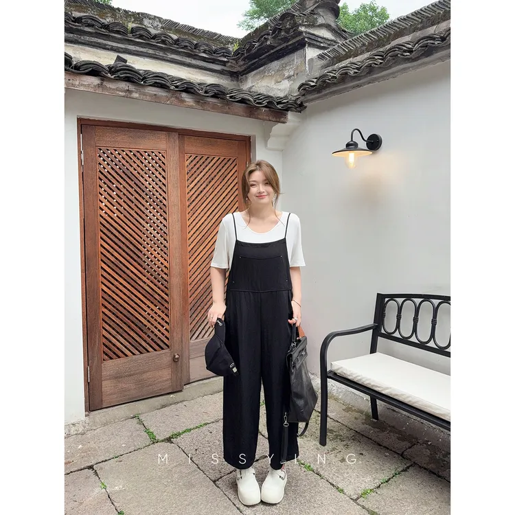 应小姐【逃跑计划】微胖大码夏季黑色细吊带双口袋慵懒风阔腿背带裤