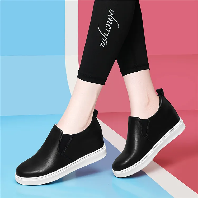 内增高板鞋女春秋季新款运动休闲鞋女装黑白色单皮鞋一脚蹬乐福鞋