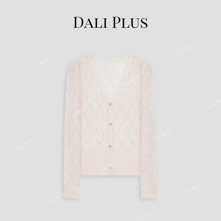DALI PLUS高克重羊 毛烫钻提花气质优雅针织开衫-D4CK0162-1