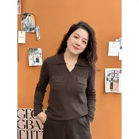 WenWen小个子2025韩版秋翻领正肩长袖针织衫显瘦打底衫内搭4368