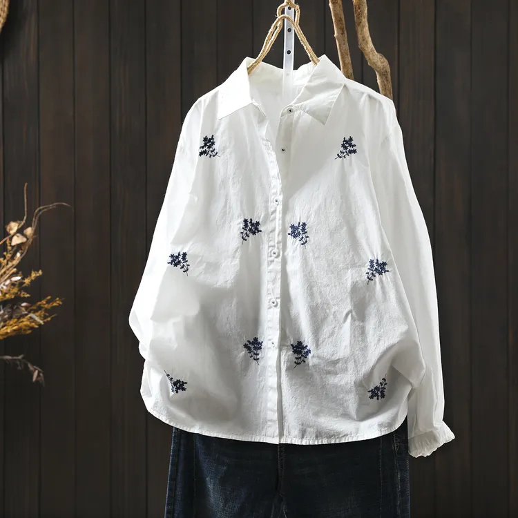 白色衬衫女宽松慵懒风2025早秋款纯棉刺绣设计感小众减龄洋气衬衣