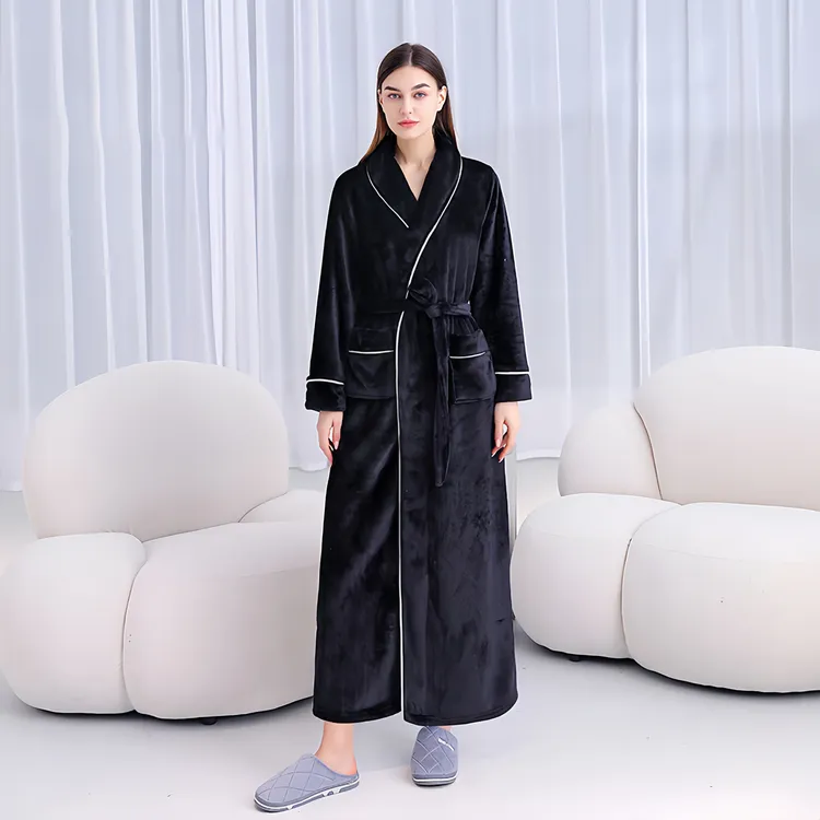 薄绒睡袍女士秋冬季法兰绒长款韩式灰色浴袍浴衣系腰带家居服晨袍