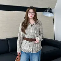 【丫丫专属】大码格纹长袖衬衫美拉德皮带琥珀流光穿搭木耳边5983