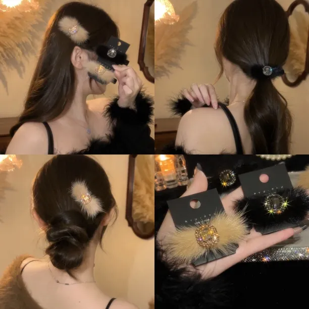 韩国轻奢复古宫廷风毛毛发夹精致高端闪钻法式秋冬刘海夹碎发夹