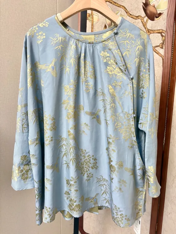 木槿雅集【金竹鸟鸣】真丝提花新中式圆领斜襟宽松上衣