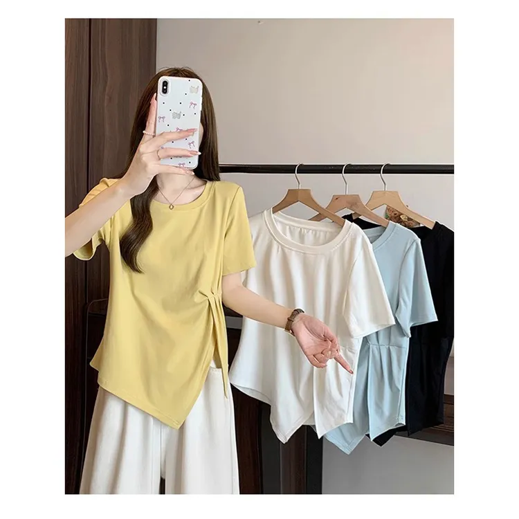 大码短袖T恤女夏季收腰显瘦不规则上衣微胖MM小众-设计感开叉体恤