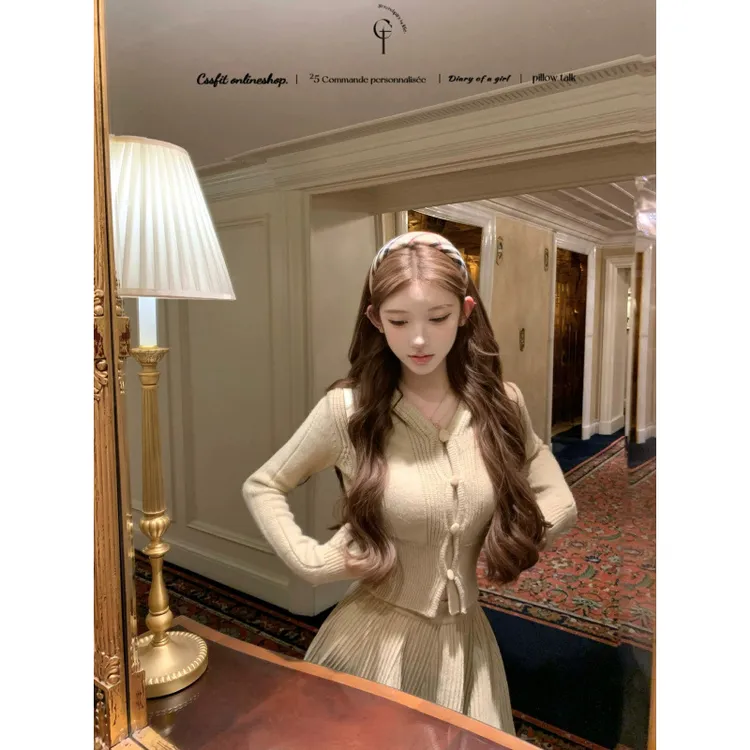 韩系学院风套装女设计感小众复古针织开衫上衣秋季百褶裙半身裙两