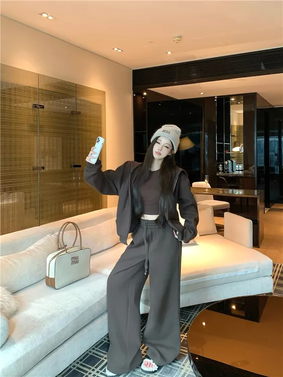 【朵朵专属】慵懒风休闲套装松弛主义加绒连帽卫衣高腰系带长裤秋冬套装