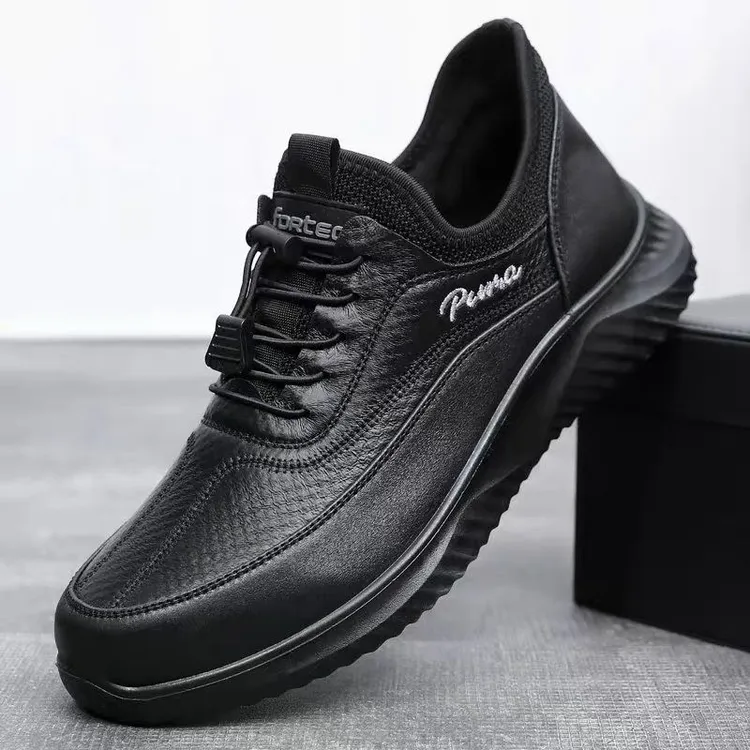 上班布鞋秋季男鞋仿皮防水鞋面运动鞋黑色厚底防滑中老年爸爸鞋