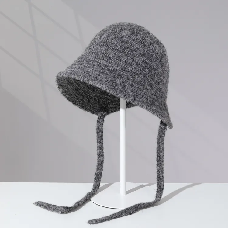 定制加大复古长系带针织渔夫帽女秋冬防风护耳遮脸显脸小盆帽