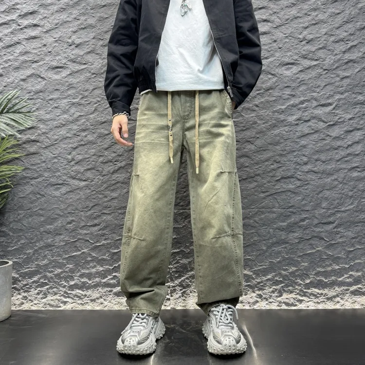 褶皱拼接弯刀宽松牛仔裤时尚百搭新款男士男士宽松拼接弯刀牛仔裤