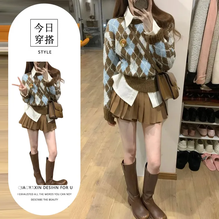 秋冬穿搭一整套女韩系老钱风衬衫菱格针织毛衣搭配百褶裙三件套女