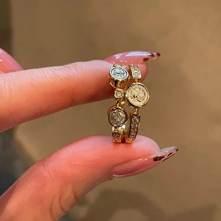铜合金戒指 中古风双层戒指高级雅典娜三古币食指戒小众个性设计