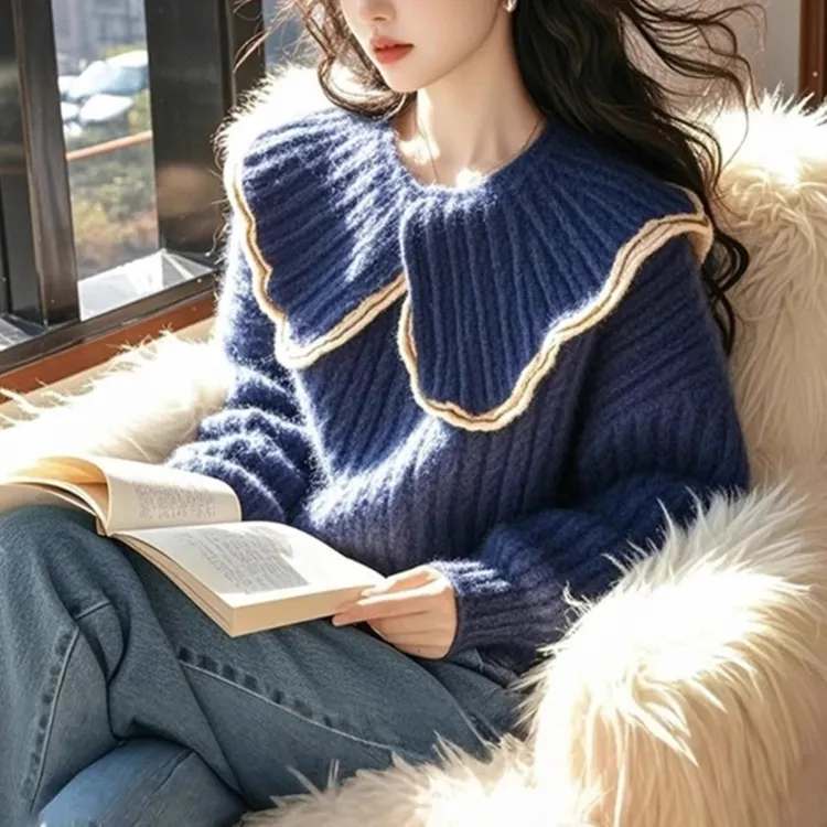 时尚大码娃娃领外穿针织衫上衣2026宽松显瘦洋气加厚撞色毛衣外套