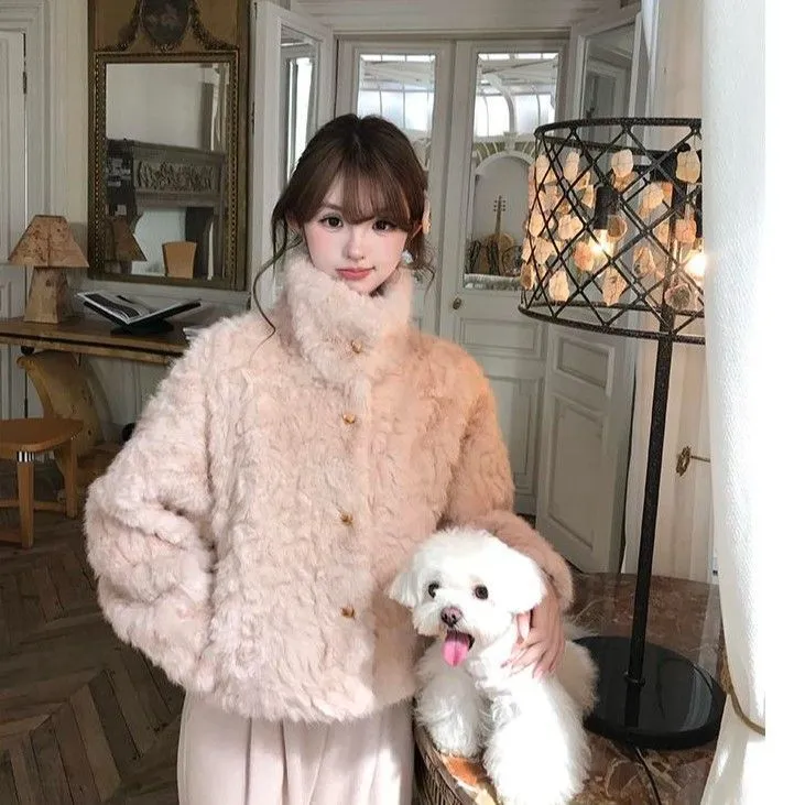 冬染尖花狐皮草女短款高级感翻领气质宽松毛毛外套显瘦皮毛一体