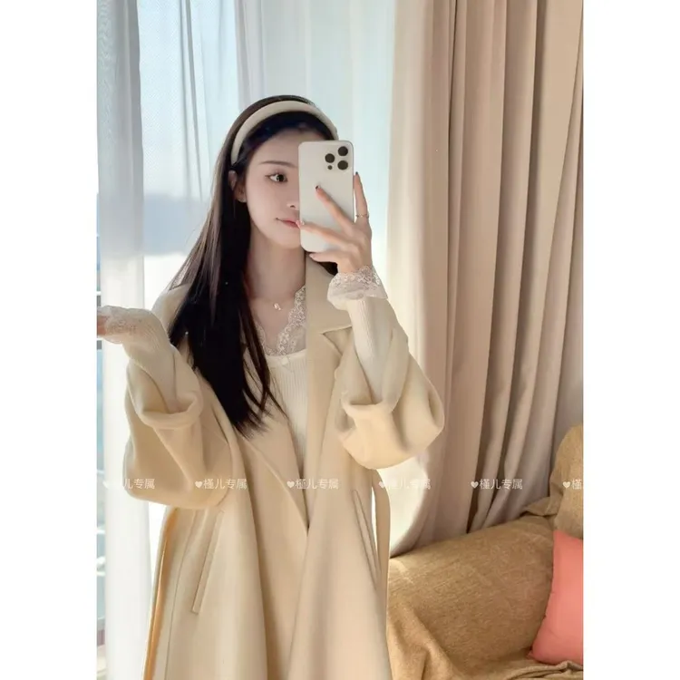 芝士奶黄西西里大衣秋冬新款双面绵羊毛中长款毛呢外套韩版休闲