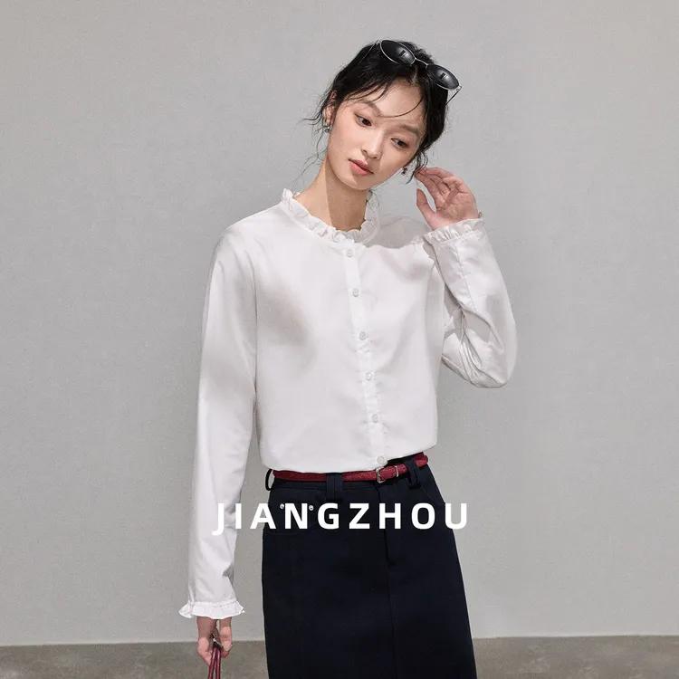 江洲【荷花】秋季新款时尚百搭荷叶边设计款亲肤莫代尔抗皱长袖衬衣
