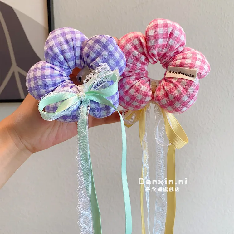 新儿童格纹花朵蕾丝飘带编发圈女童立体头花扎丸子头马尾发绳发饰