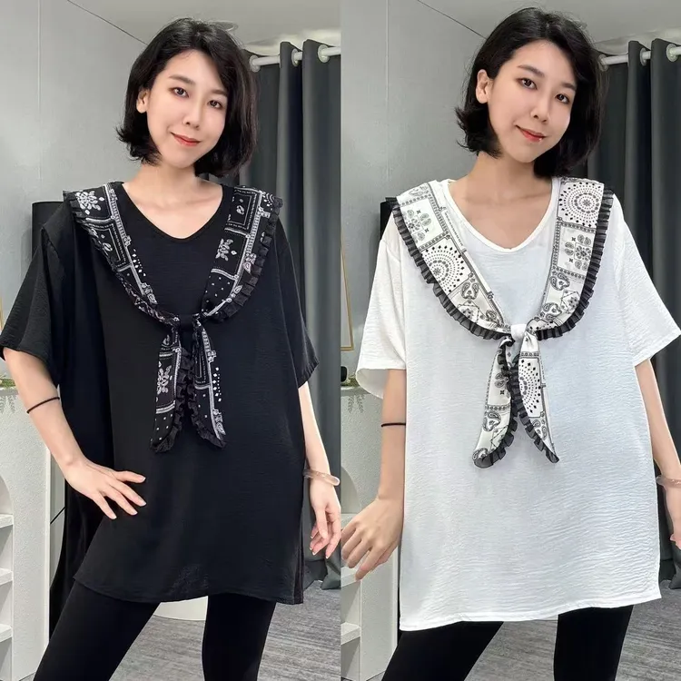 夏季新款宽松大版型休闲大码假两件披肩短袖T恤G228