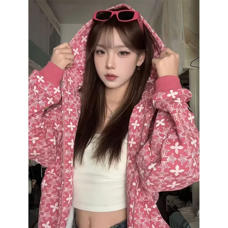 小众不撞款加绒加厚字母满印连帽卫衣女秋冬慵懒宽松开衫拉链外套