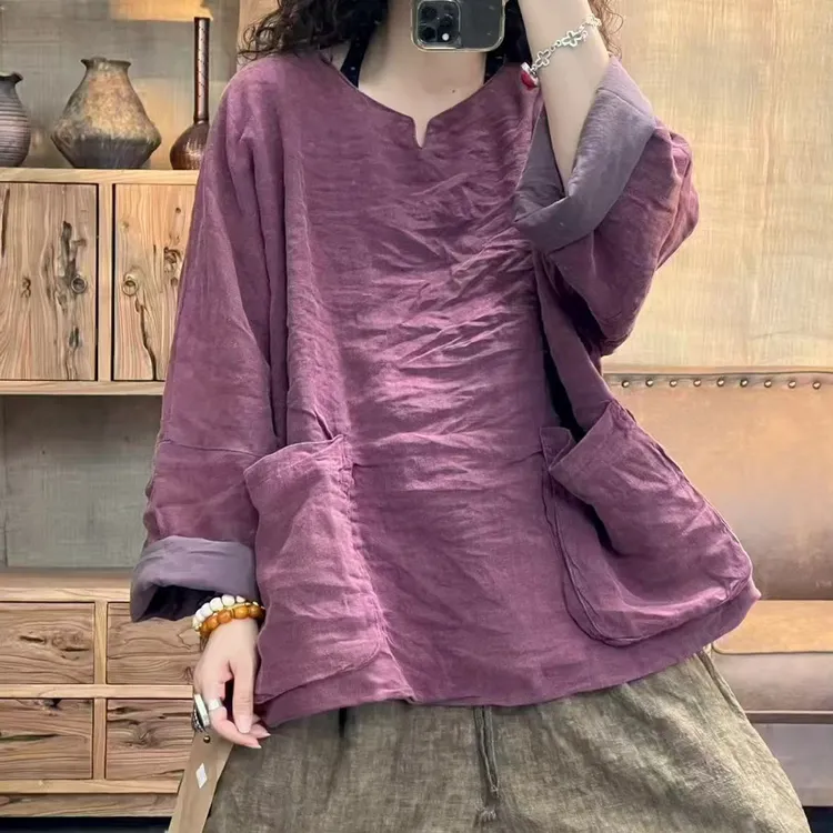 秋季亚麻炒色立体口袋双层休闲女装上衣(长63胸围146)